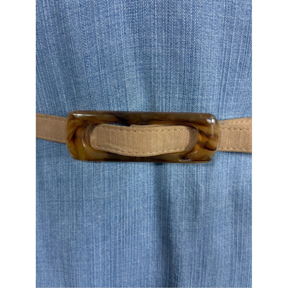 Womens belt 34” Tan fabric covered Tortoiseshell Rectangular Buckle 70s vibe
